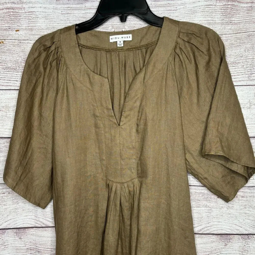 Miou Muse 100% Linen Brown Lagenlook Beachy Relaxed Casual Dress Size Medium